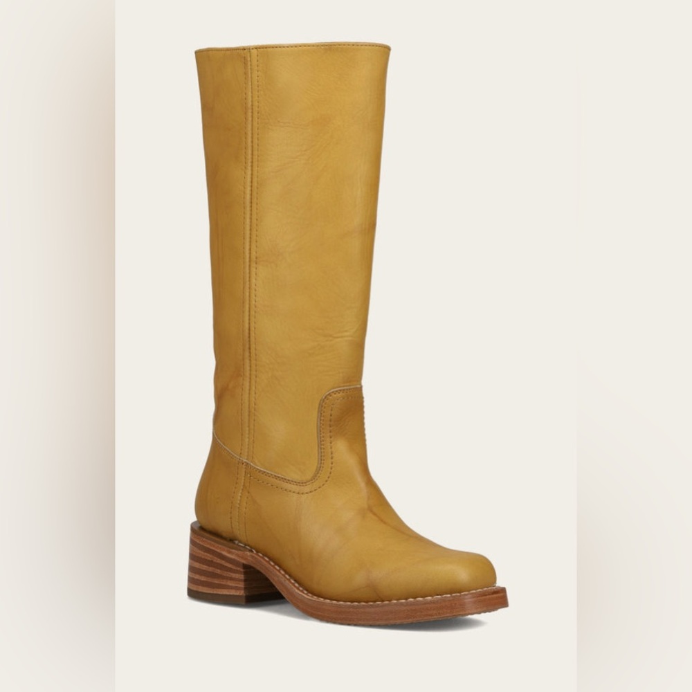 Frye Mustard Yellow Leather Knee-High Heeled Boots banana